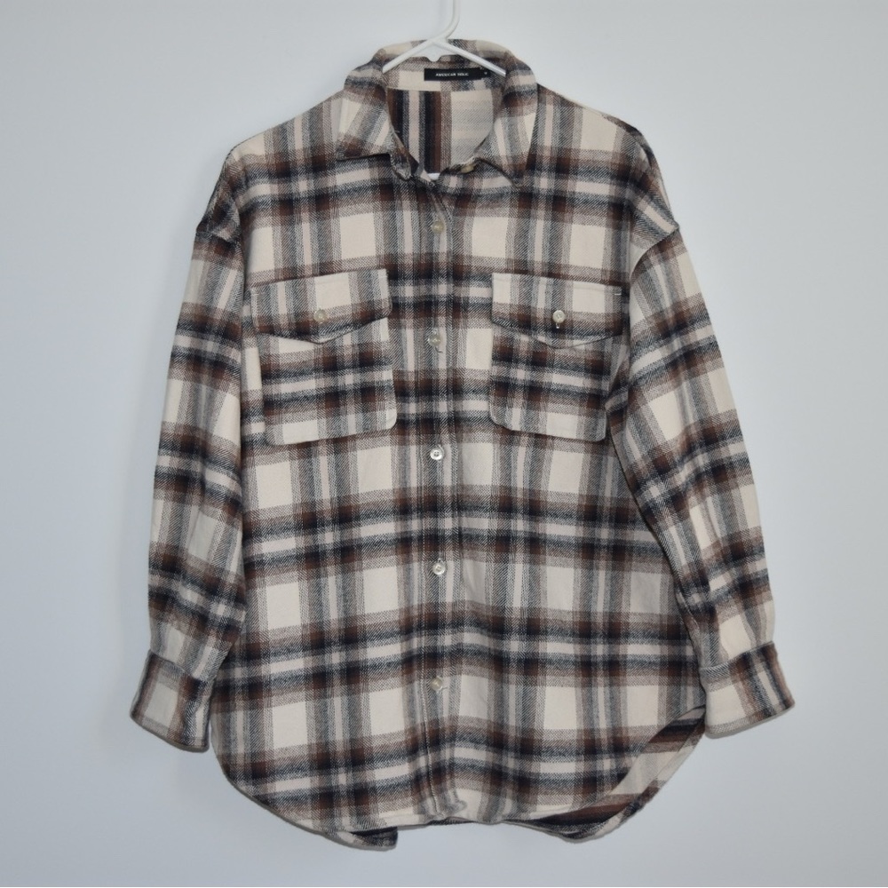American Holic Thick Flannel Plaid Shirt Ivory Brown Size M
